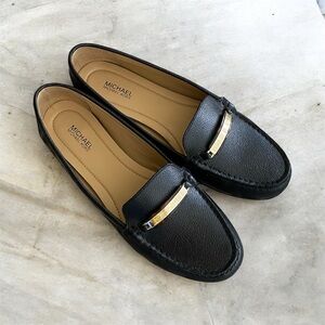 Michael Kors Black Pebbled Leather Loafers with Gold Accent